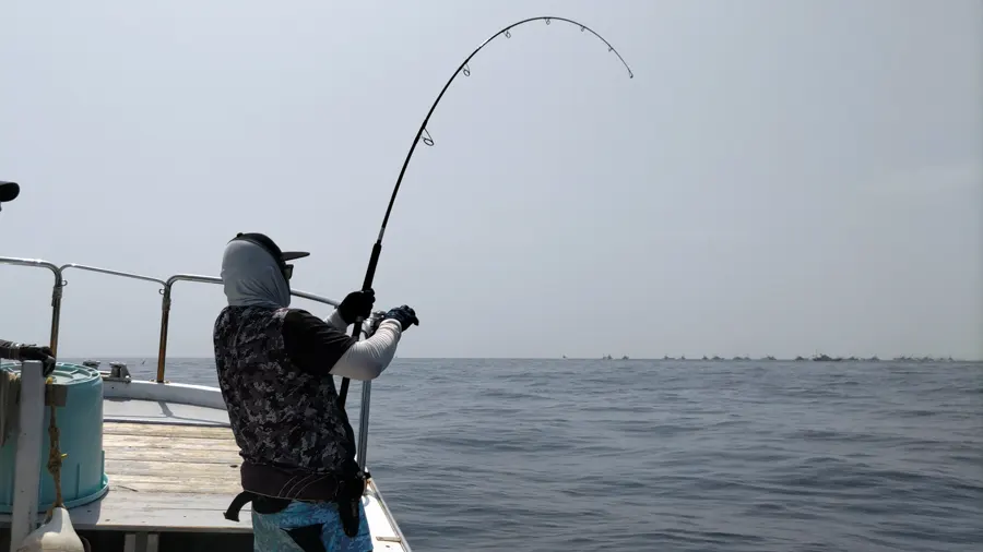 キハダマグロの強烈な引き込みで釣竿は限界まで曲がる